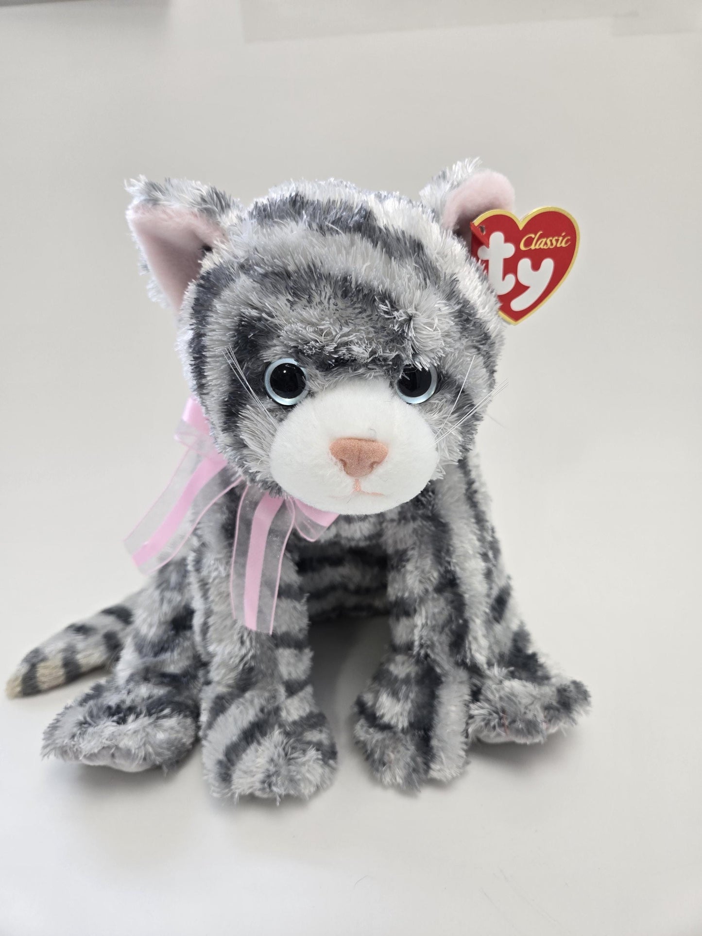 TY Classics Collection “Caviar” the Gray Tabby Cat with Blue Eyes and Pink Bow *Rare* (10 inch)