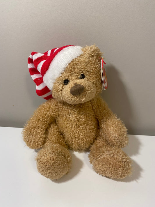 Ty Beanie Baby “Skis” the Holiday Bear wearing red and white striped hat (5.5 inch)