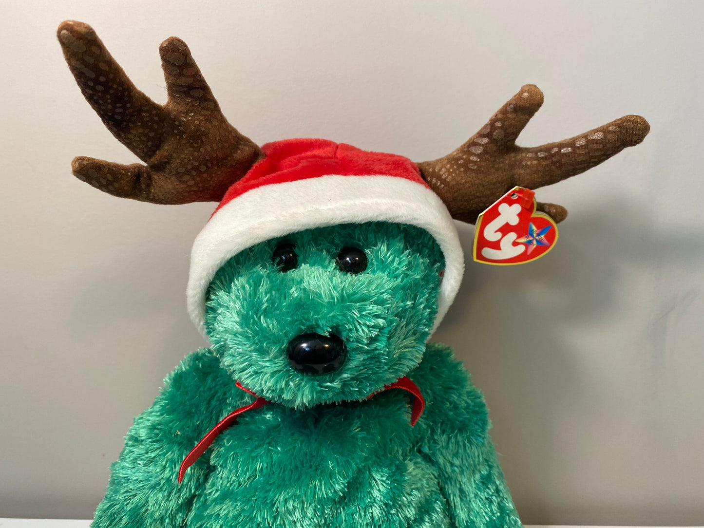 Ty Beanie Buddy “2002 Holiday Teddy” the Green Christmas Bear with Antlers (14 inch)