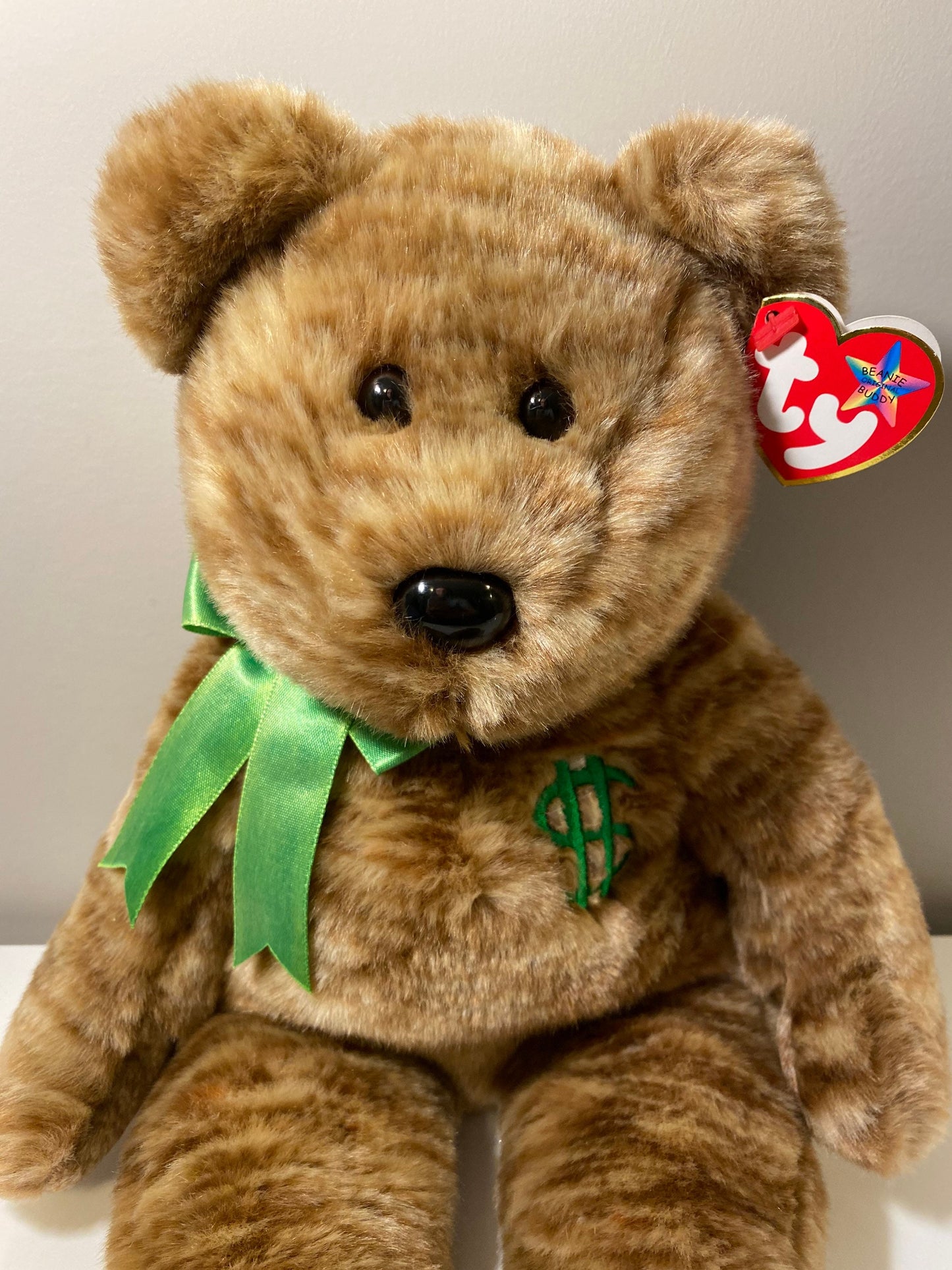 Ty Beanie Buddy “Billionaire” the Bear with Green Bow and Dollar Sign Embroidered on Chest (14 inch)