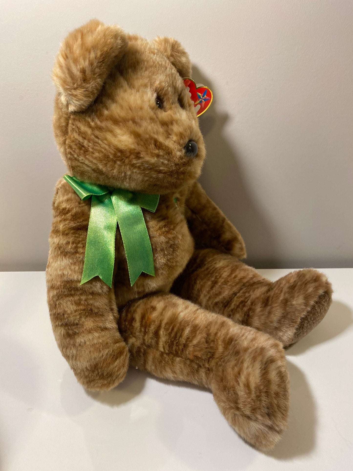 Ty Beanie Buddy “Billionaire” the Bear with Green Bow and Dollar Sign Embroidered on Chest (14 inch)