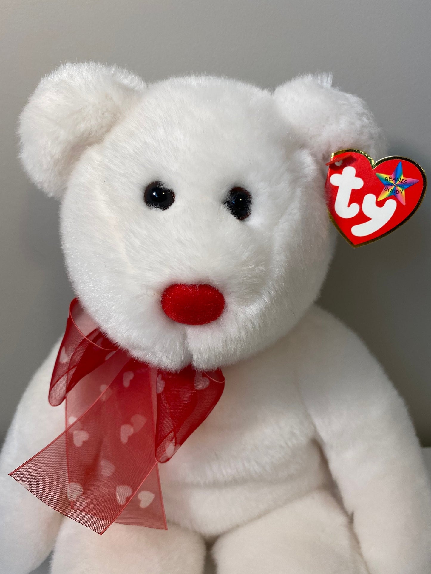 Ty Beanie Buddy “Heartford” the Bear  with Lots of Love & Hearts written on feet  (13.5 inch)