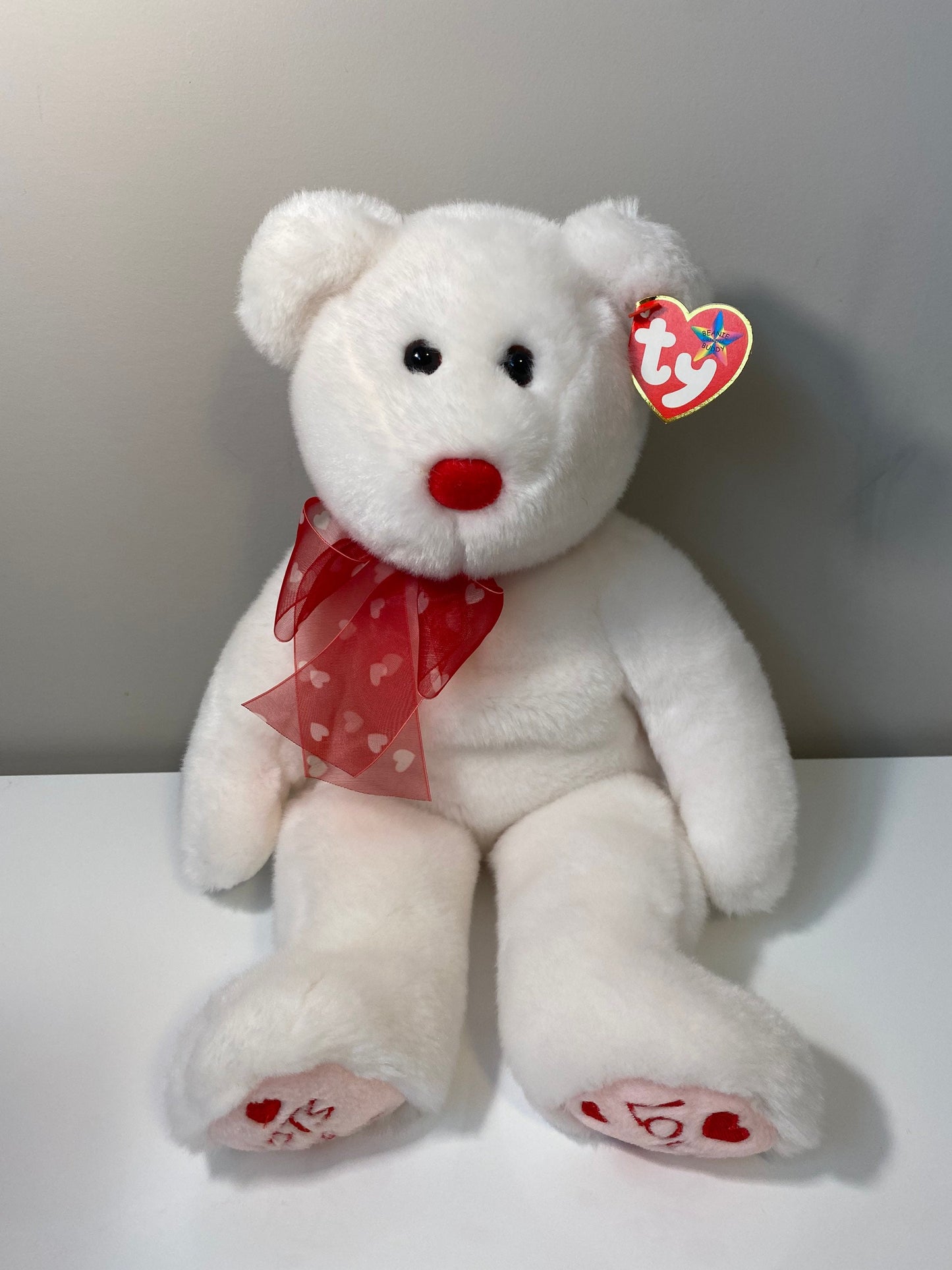 Ty Beanie Buddy “Heartford” the Bear  with Lots of Love & Hearts written on feet  (13.5 inch)