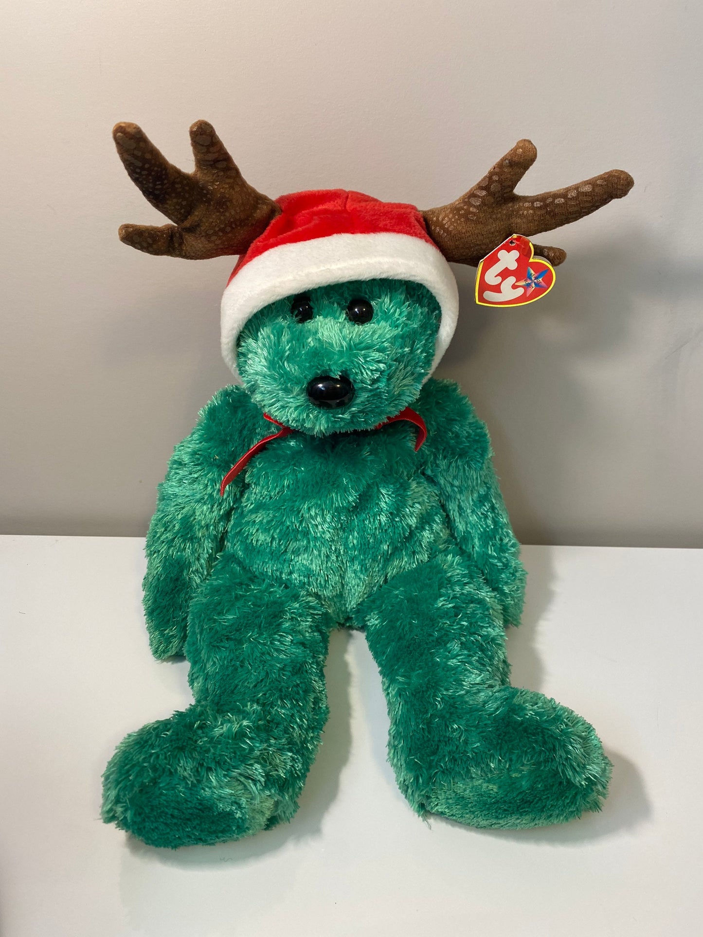 Ty Beanie Buddy “2002 Holiday Teddy” the Green Christmas Bear with Antlers (14 inch)