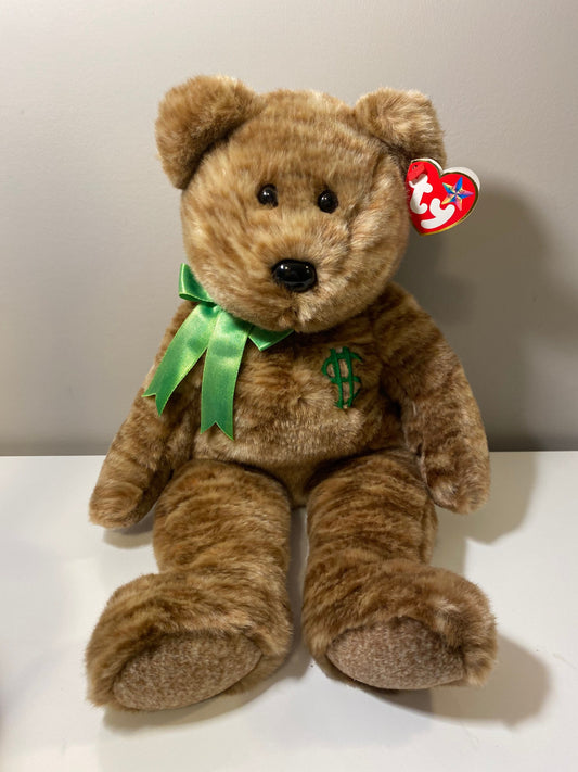 Ty Beanie Buddy “Billionaire” the Bear with Green Bow and Dollar Sign Embroidered on Chest (14 inch)