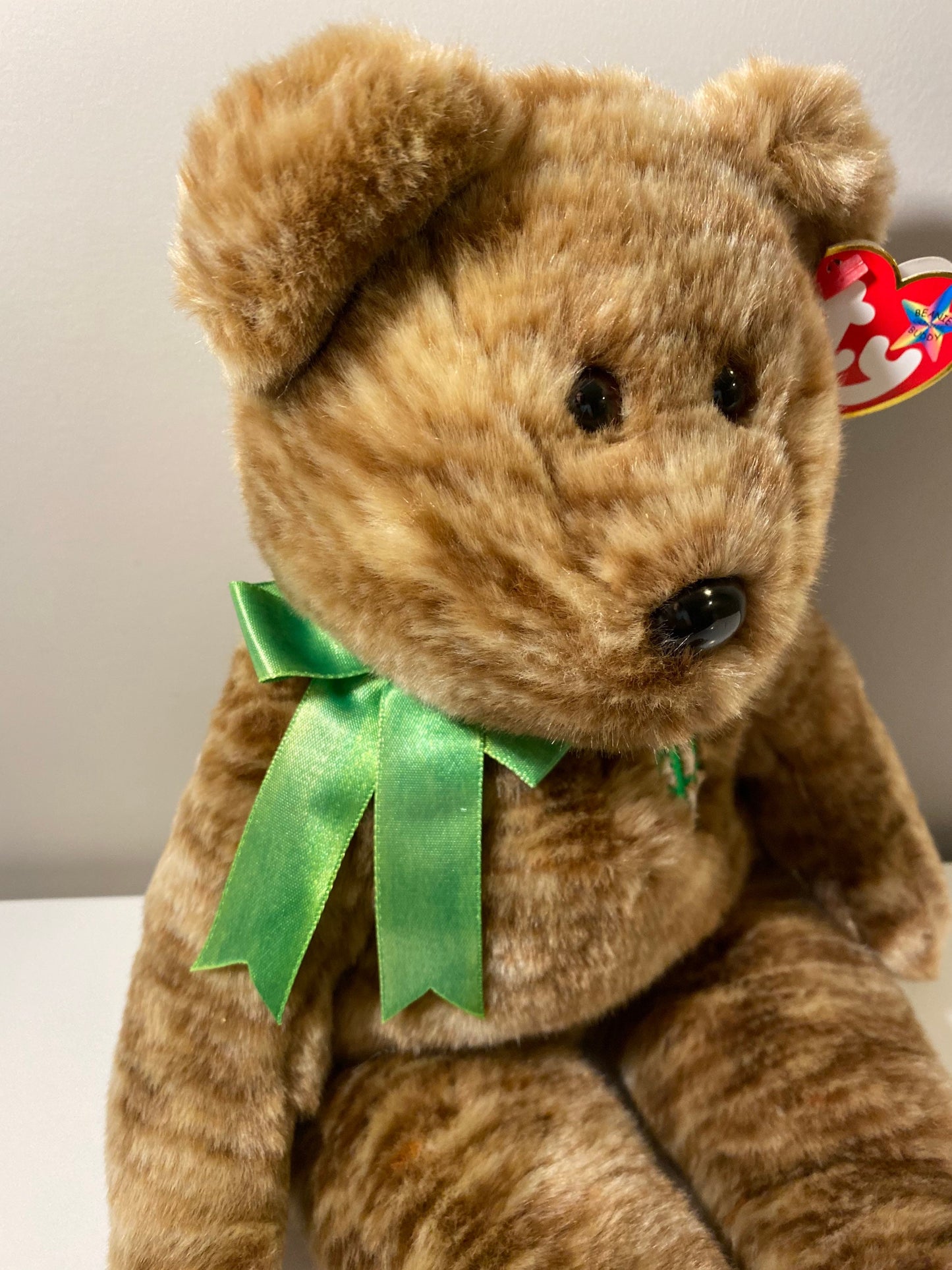 Ty Beanie Buddy “Billionaire” the Bear with Green Bow and Dollar Sign Embroidered on Chest (14 inch)