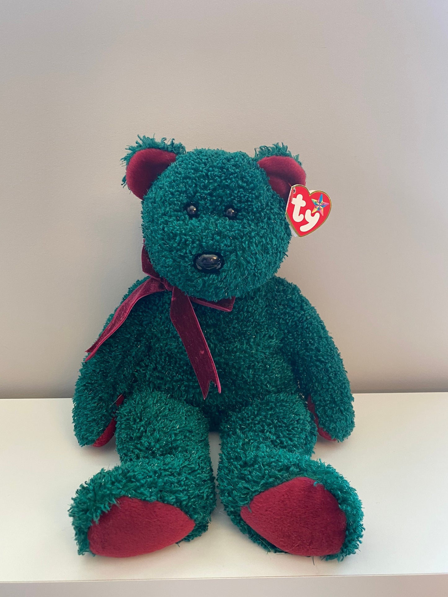 Ty Beanie Buddy “2001 Holiday Teddy” the Sparkly Dark Green Bear  (14 inch)