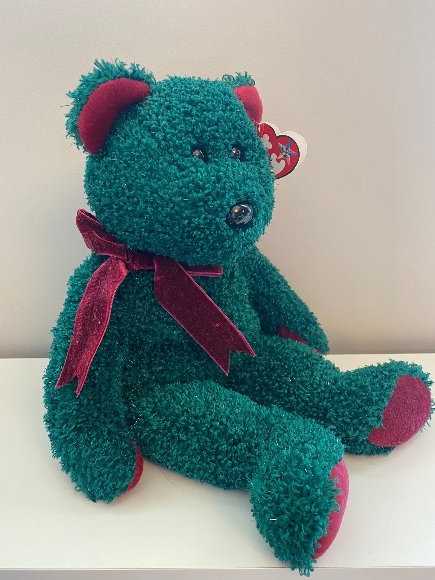 Ty Beanie Buddy “2001 Holiday Teddy” the Sparkly Dark Green Bear  (14 inch)