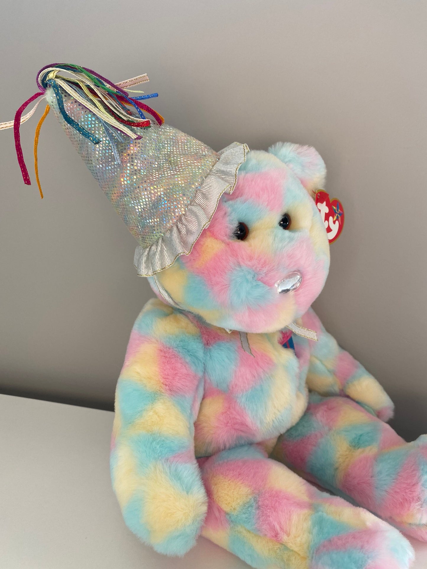 Ty Beanie Buddy “Birthday Buddy” the Tie-Dye Birthday Bear Wearing Party Hat (15 inch)