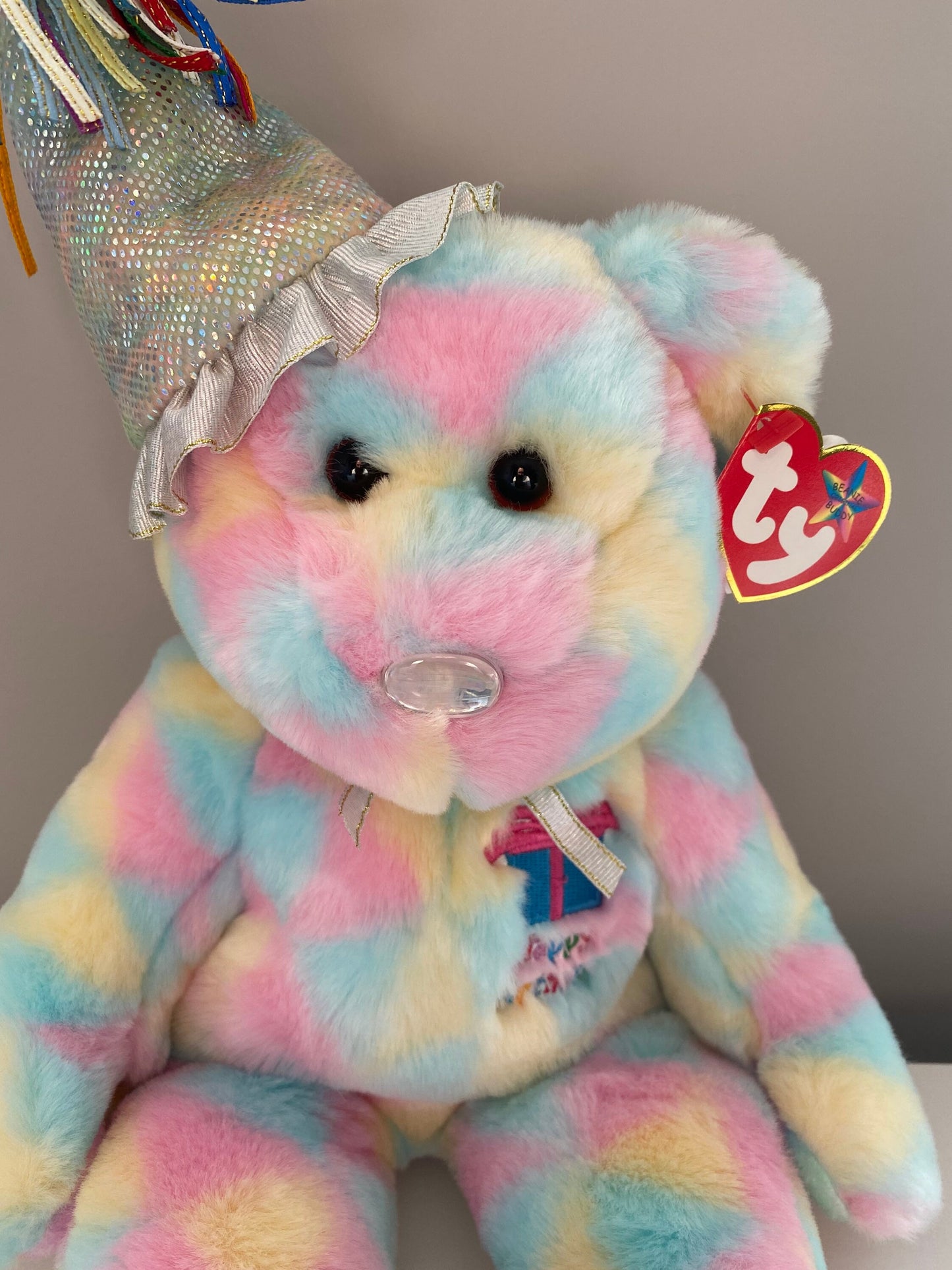 Ty Beanie Buddy “Birthday Buddy” the Tie-Dye Birthday Bear Wearing Party Hat (15 inch)