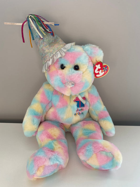 Ty Beanie Buddy “Birthday Buddy” the Tie-Dye Birthday Bear Wearing Party Hat (15 inch)