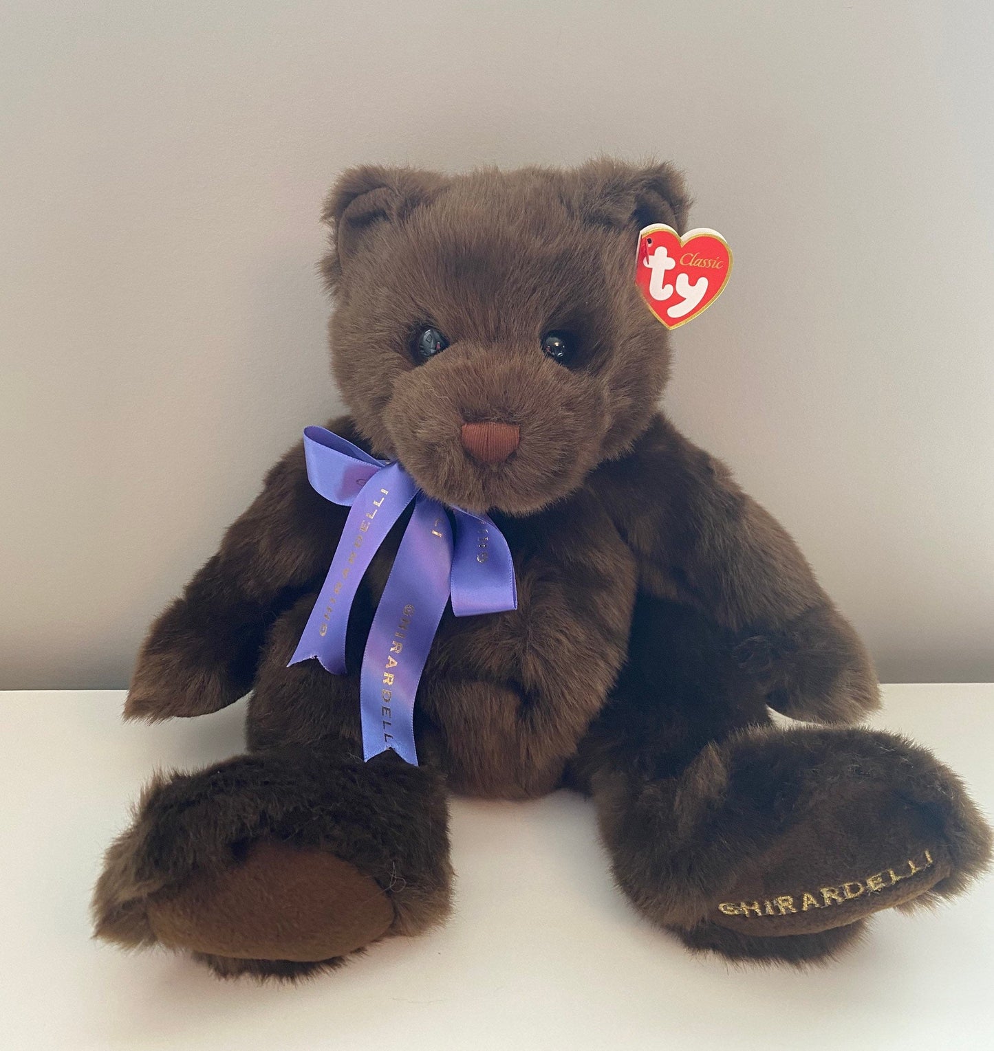 Ty Classics Collection “Cocoa” the Teddy Bear with Blue Bow - Ghiradelli Exclusive *Rare* (14 inch)