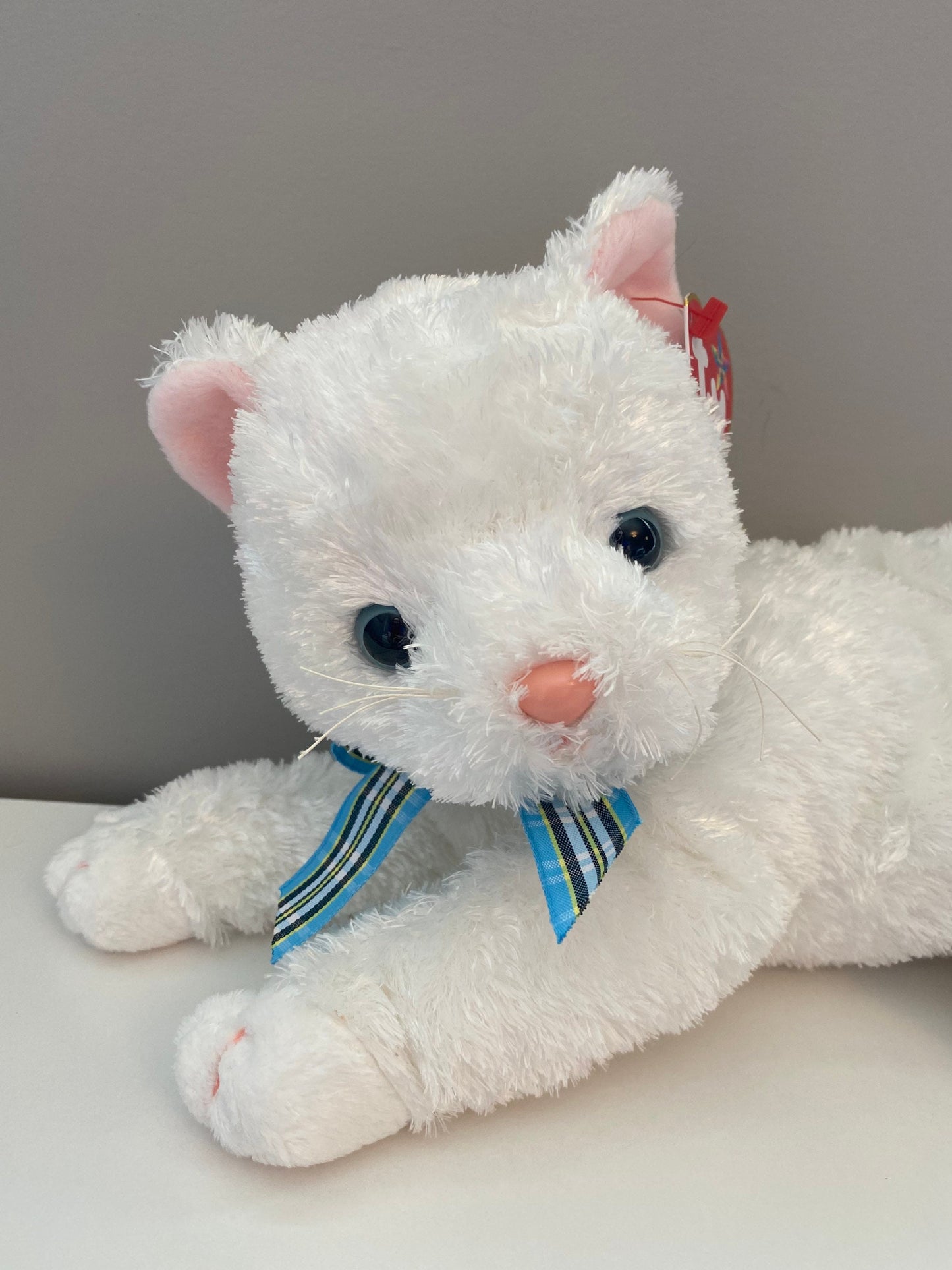 Ty Beanie Buddy “Starlett” theWhite Cat with Blue Plaid Bow (11 inch)