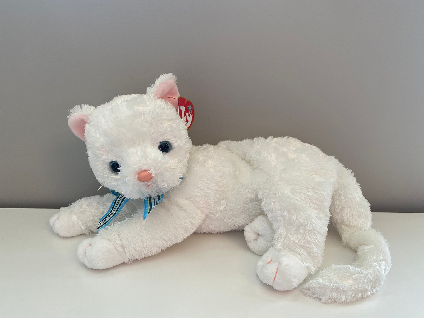 Ty Beanie Buddy “Starlett” theWhite Cat with Blue Plaid Bow (11 inch)