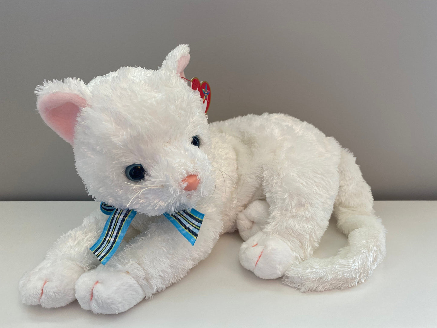 Ty Beanie Buddy “Starlett” theWhite Cat with Blue Plaid Bow (11 inch)