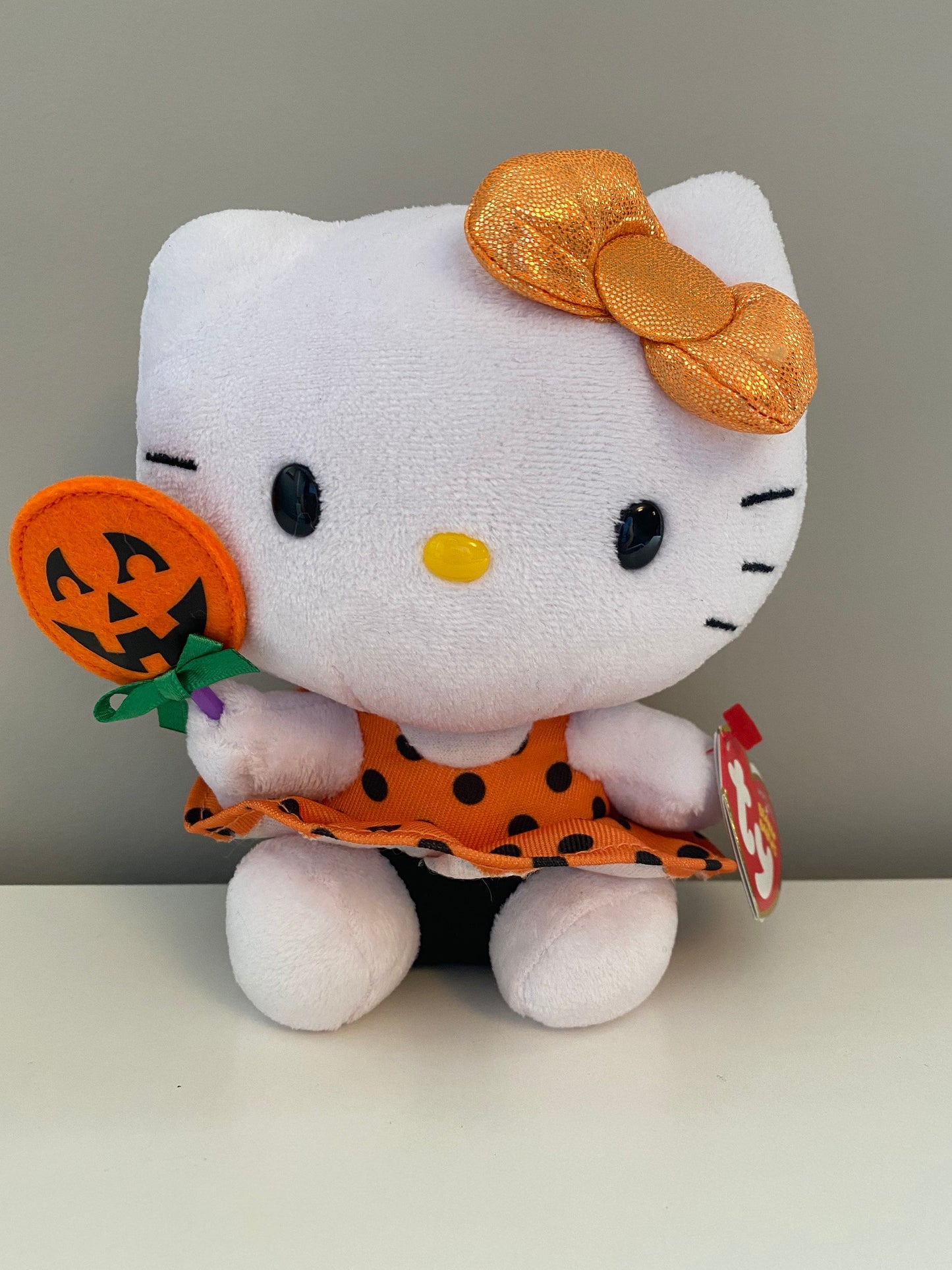 Ty Beanie Baby Vintage “Hello Kitty” with Halloween Lollipop, Orange Bow, and Orange Polka Dot Dress (5 inch)