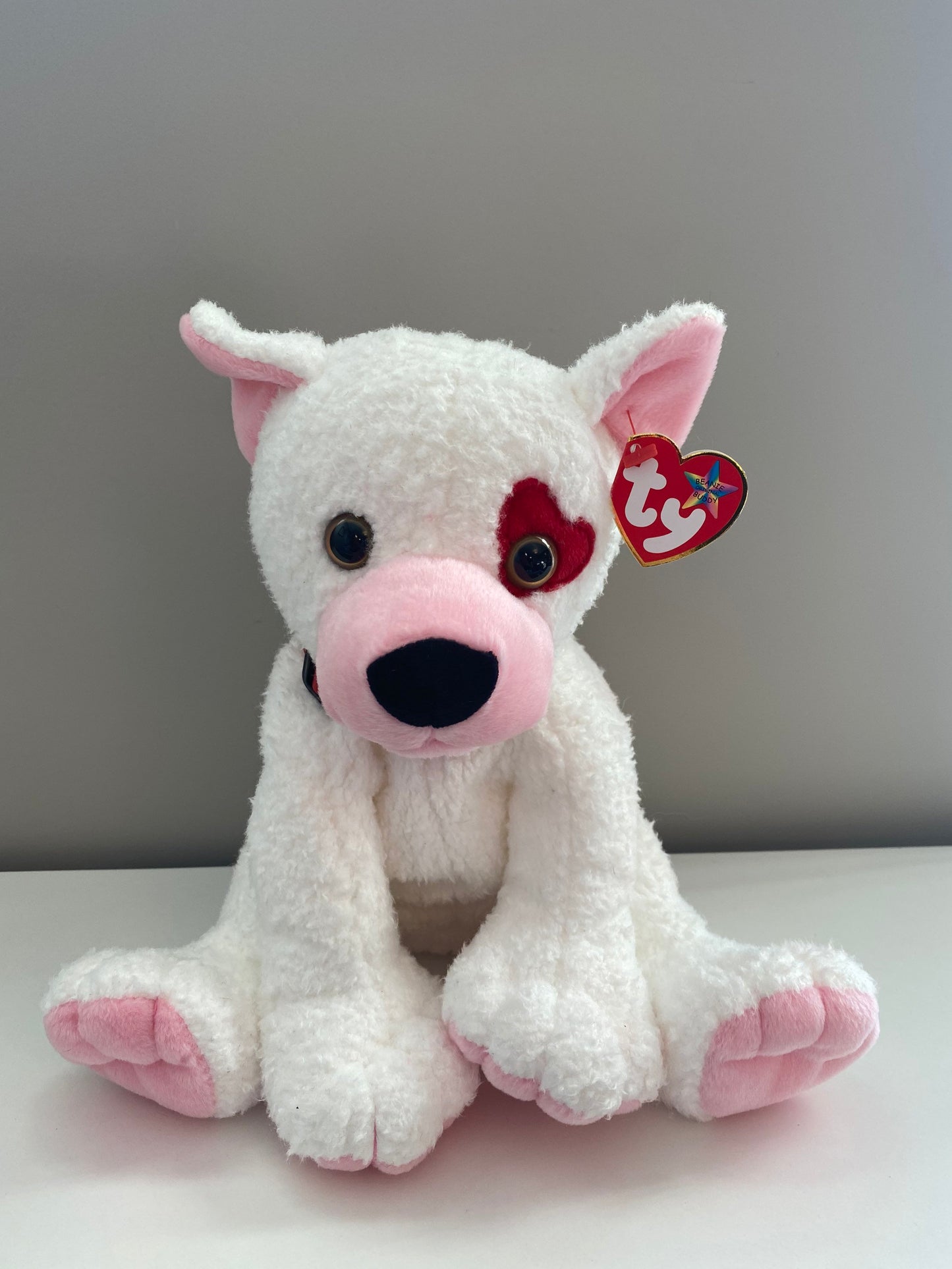 Ty Beanie Buddy “Cupid” the White Dog with Red Heart over Eye (10 inch)