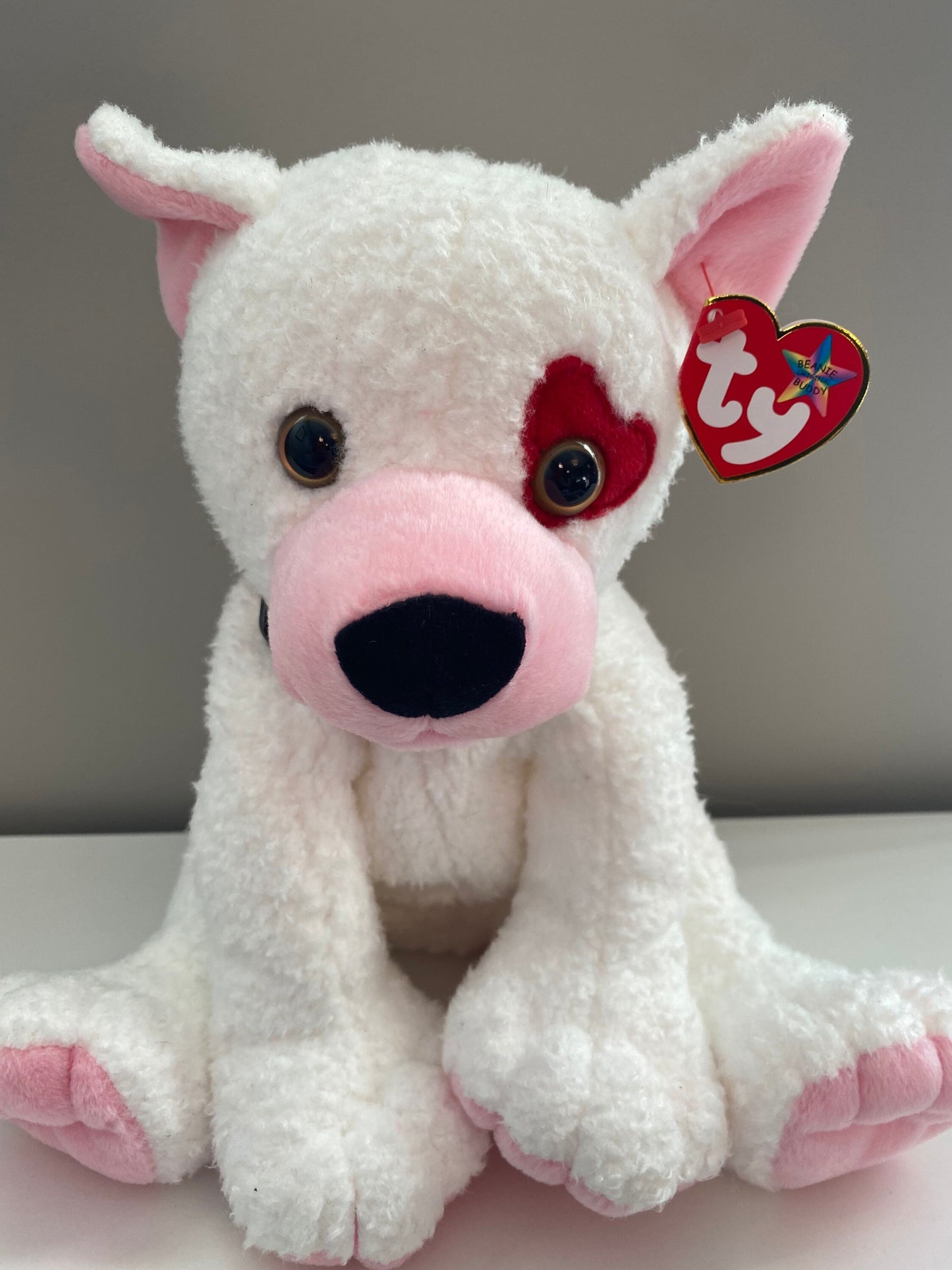 Ty Beanie Buddy “Cupid” the White Dog with Red Heart over Eye (10 inch)