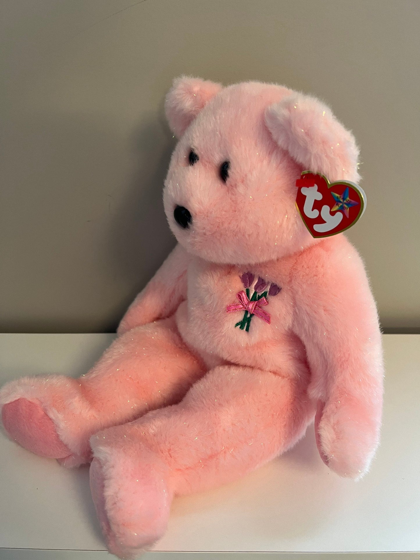 Ty Beanie Buddy “Mum” the Pink Sparkly Flower Bear - Mothers Day or Gift for Mom (13.5 inch)