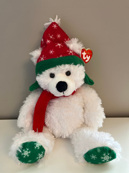 Ty Classics Collection “Fargo” White Bear with Holiday Hat and Scarf (14 inch)