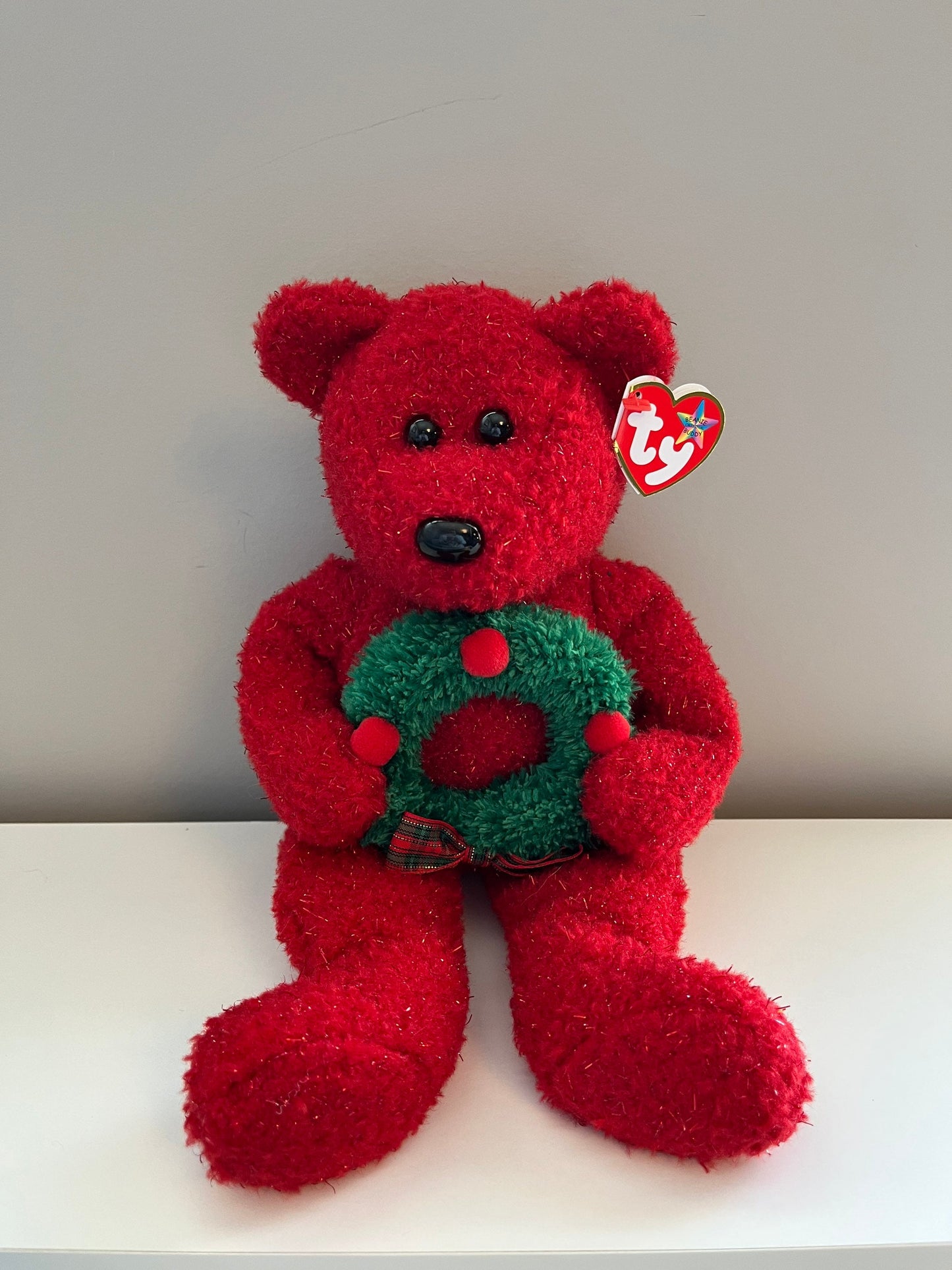 Ty Beanie Buddy “Holiday Teddy” the Red Holiday Bear Holding Wreath *Rare* (13.5 inch)