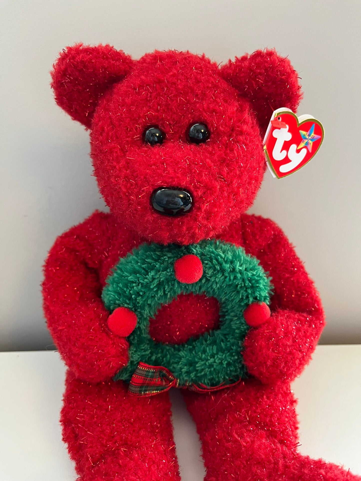 Ty Beanie Buddy “Holiday Teddy” the Red Holiday Bear Holding Wreath *Rare* (13.5 inch)