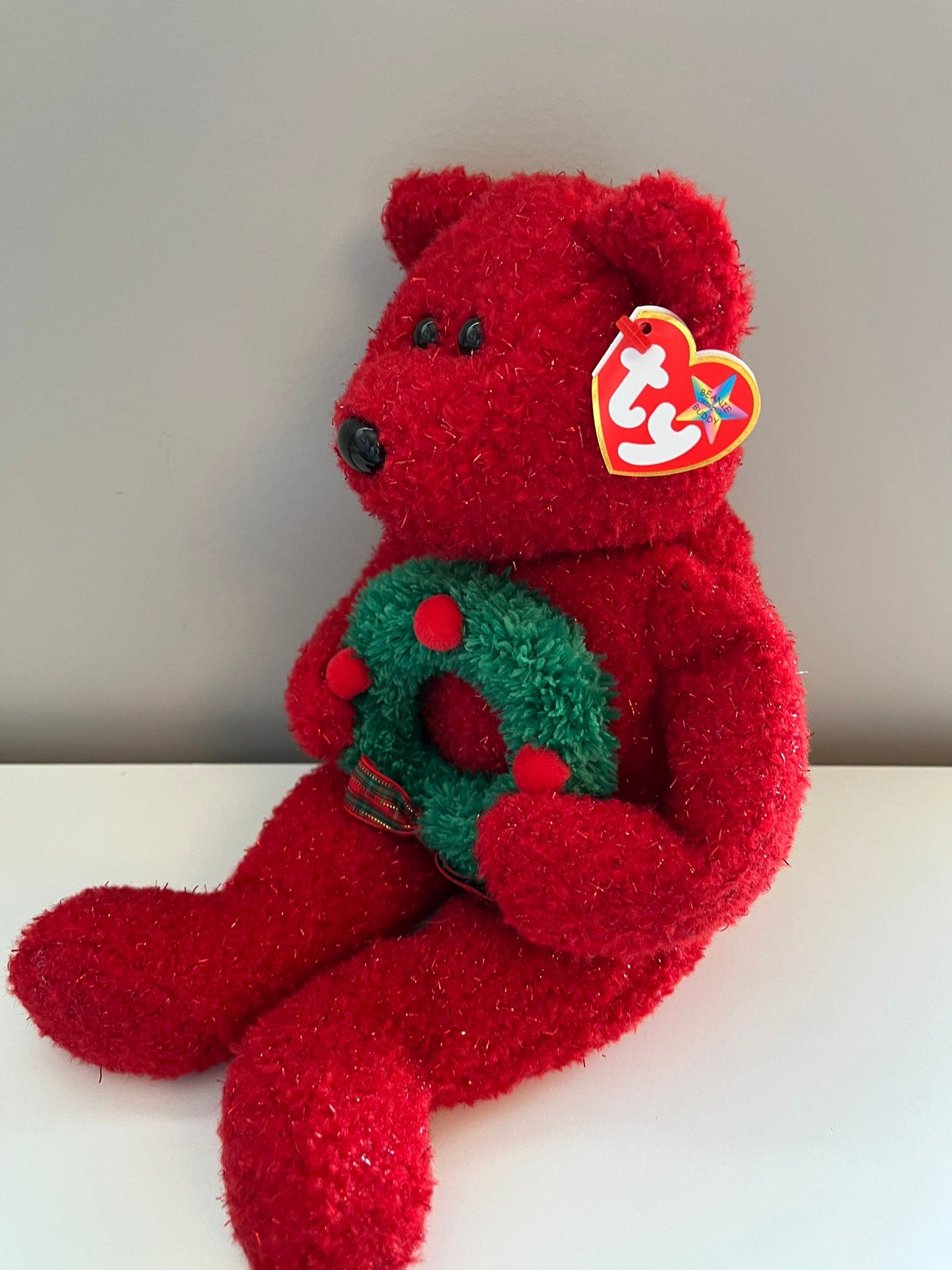 Ty Beanie Buddy “Holiday Teddy” the Red Holiday Bear Holding Wreath *Rare* (13.5 inch)