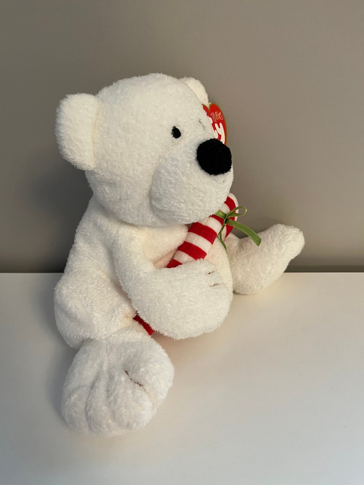 Ty Pluffies Collection “Candy Cane” the White Bear Holding a Candy Cane (8 inch)