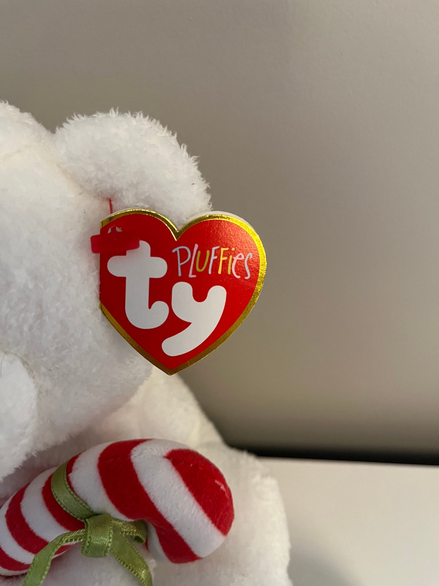 Ty Pluffies Collection “Candy Cane” the White Bear Holding a Candy Cane (8 inch)