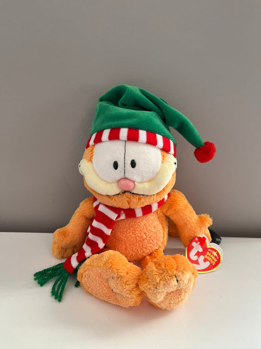 Ty Beanie Baby “Season’s Greetings” the Garfield Cat Wearing Green holiday hat and red scarf (8.5 inch)