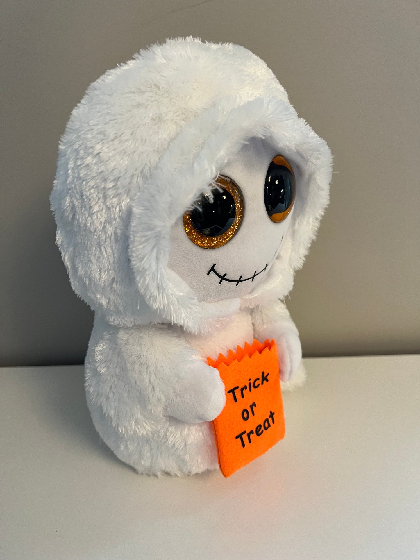 Ty Beanie Boo “Mist” the Ghost holding Trick or Treat Bag - Glitter Eyes - Medium Size (9 inch)