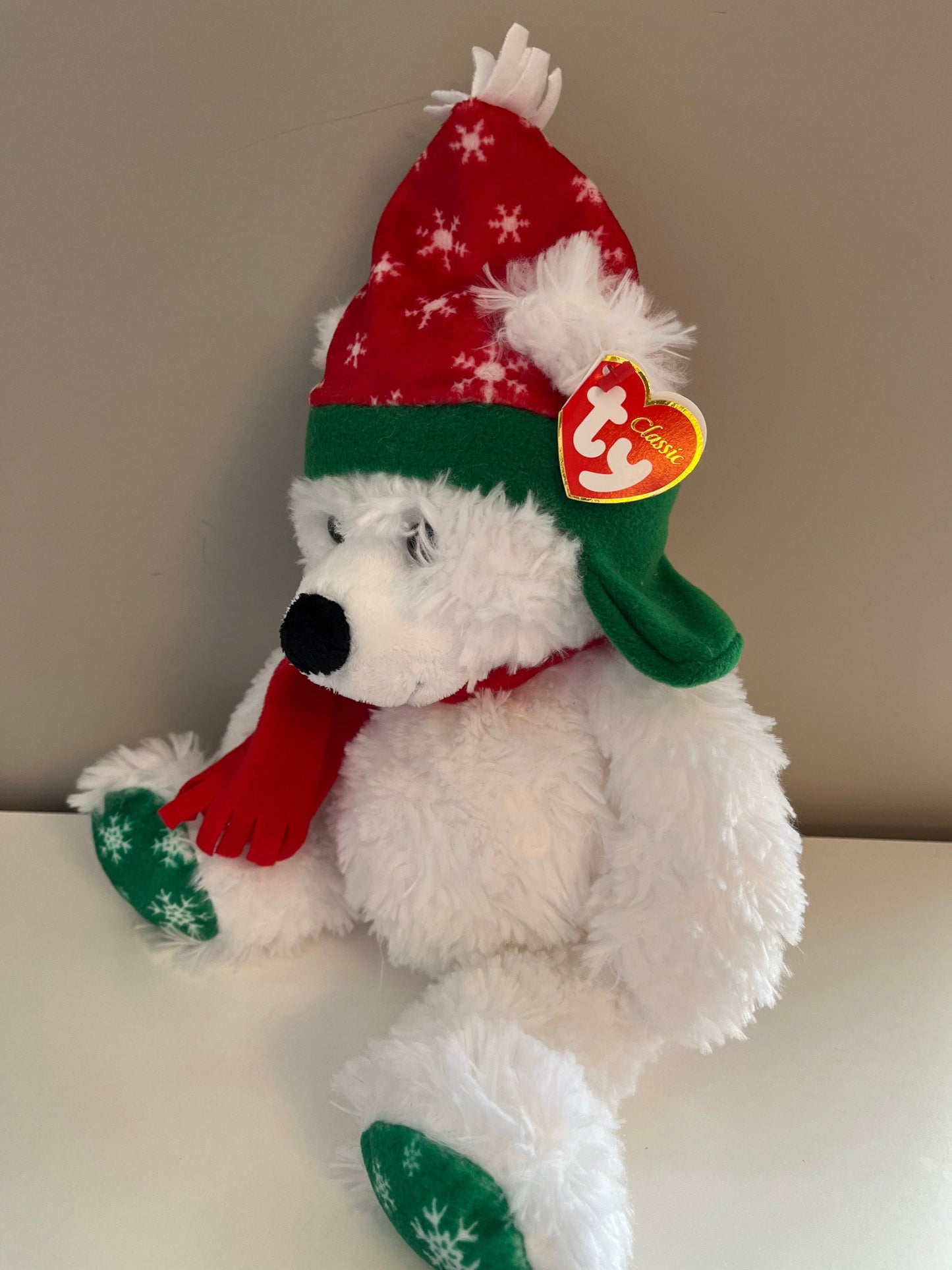 Ty Classics Collection “Fargo” White Bear with Holiday Hat and Scarf (14 inch)