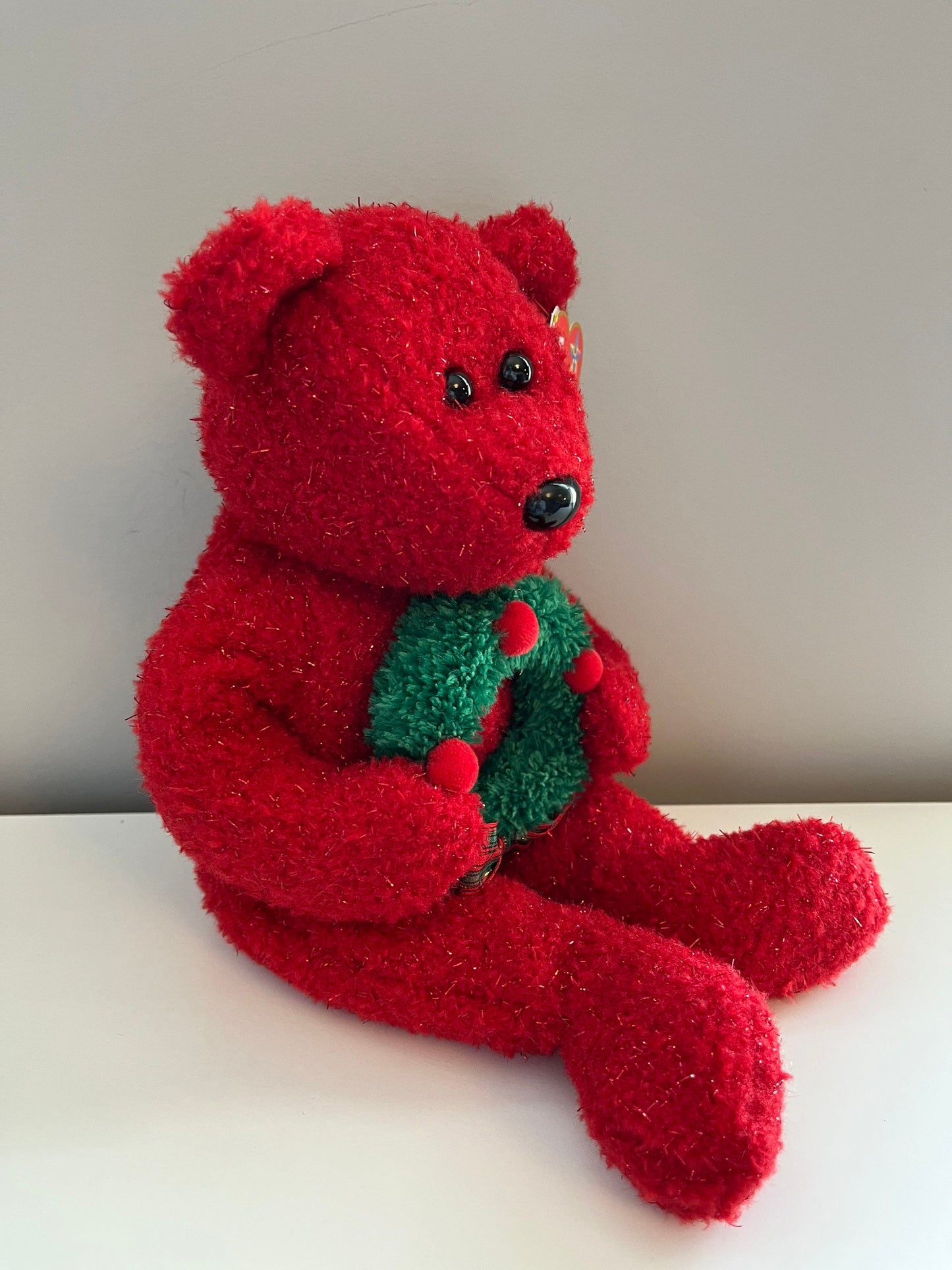 Ty Beanie Buddy “Holiday Teddy” the Red Holiday Bear Holding Wreath *Rare* (13.5 inch)