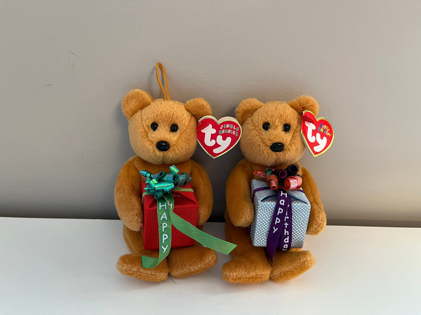 Ty Jingle Beanie “Gifts” and Mini Birthday Beanie “Happy Birthday” the Ornament Bears (4.5 inch)