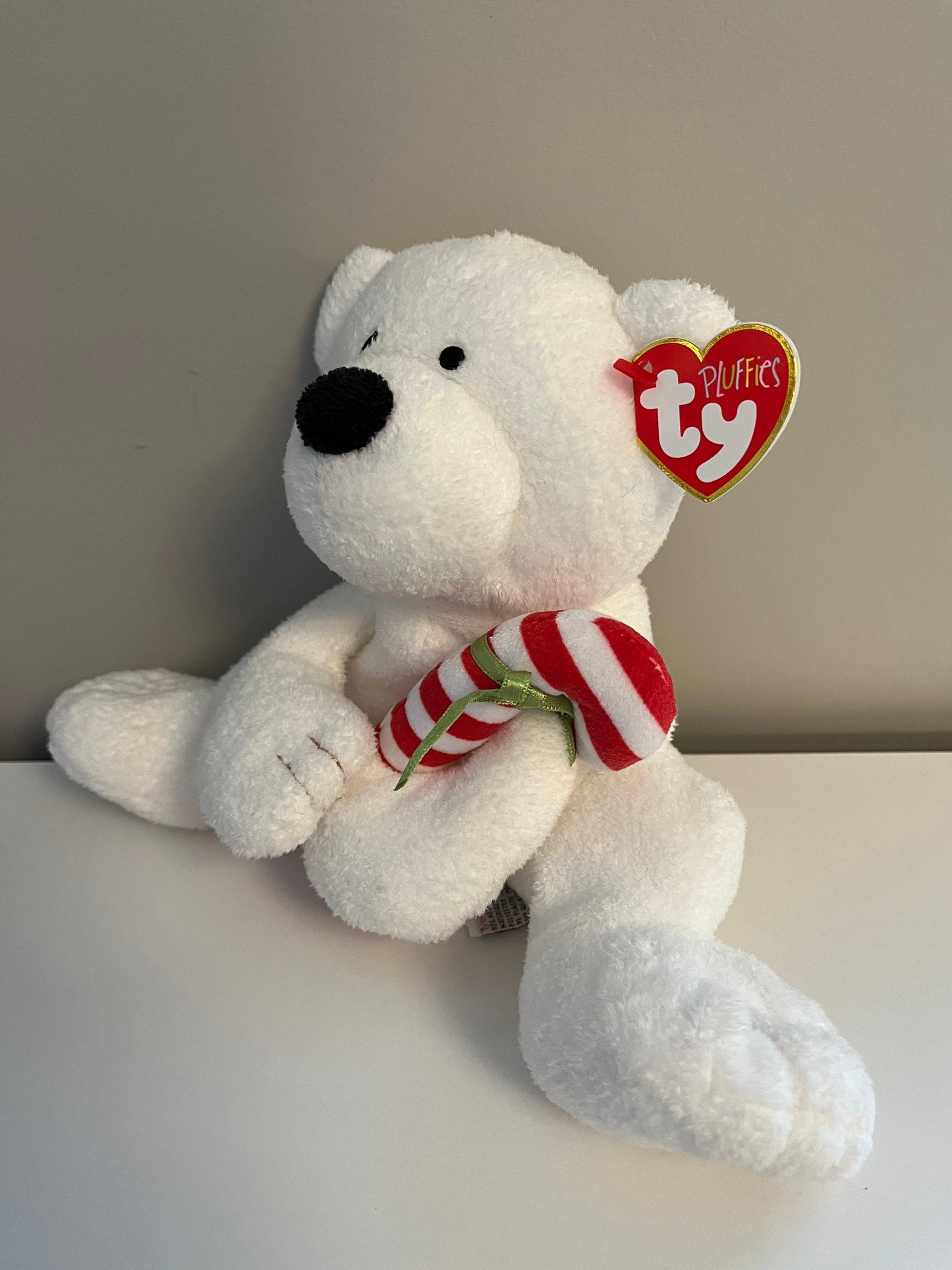 Ty Pluffies Collection “Candy Cane” the White Bear Holding a Candy Cane (8 inch)