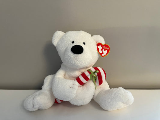 Ty Pluffies Collection “Candy Cane” the White Bear Holding a Candy Cane (8 inch)