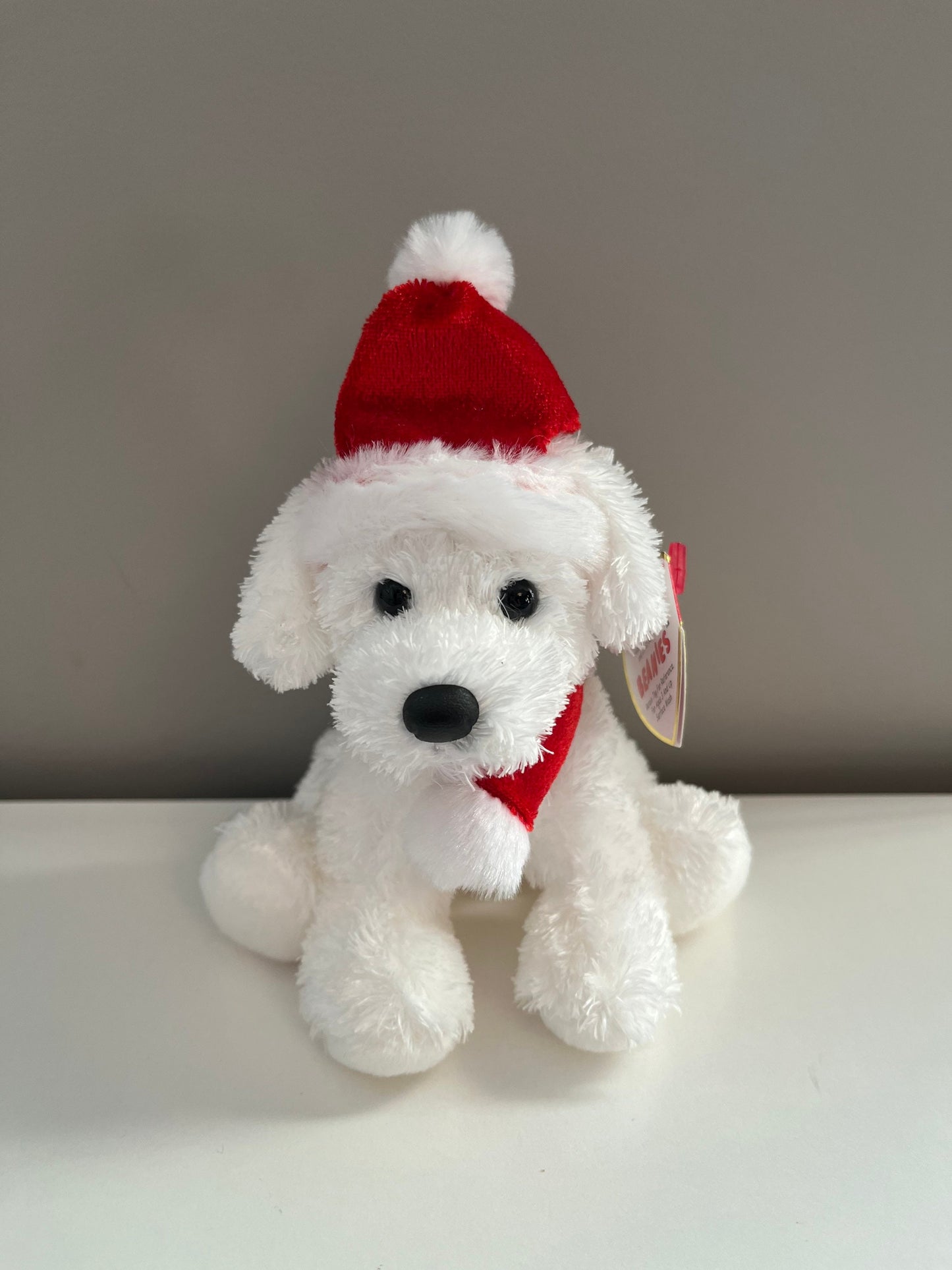 Ty Beanie Baby of the Month “Puppy Claus” the Cute White Dog Wearing Santa Hat *Rare* (5.5 inch)