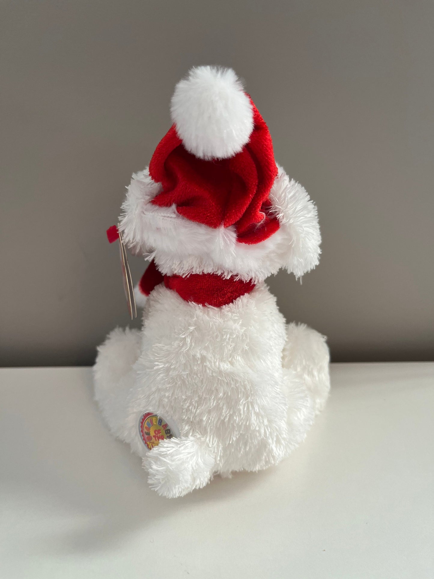 Ty Beanie Baby of the Month “Puppy Claus” the Cute White Dog Wearing Santa Hat *Rare* (5.5 inch)