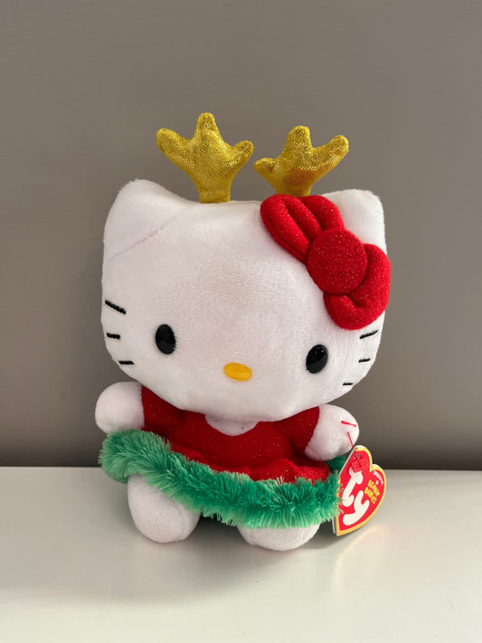 Ty Beanie Baby Vintage “Hello Kitty” in Holiday Dress with Gold Antlers and Red Bow (6 inch)