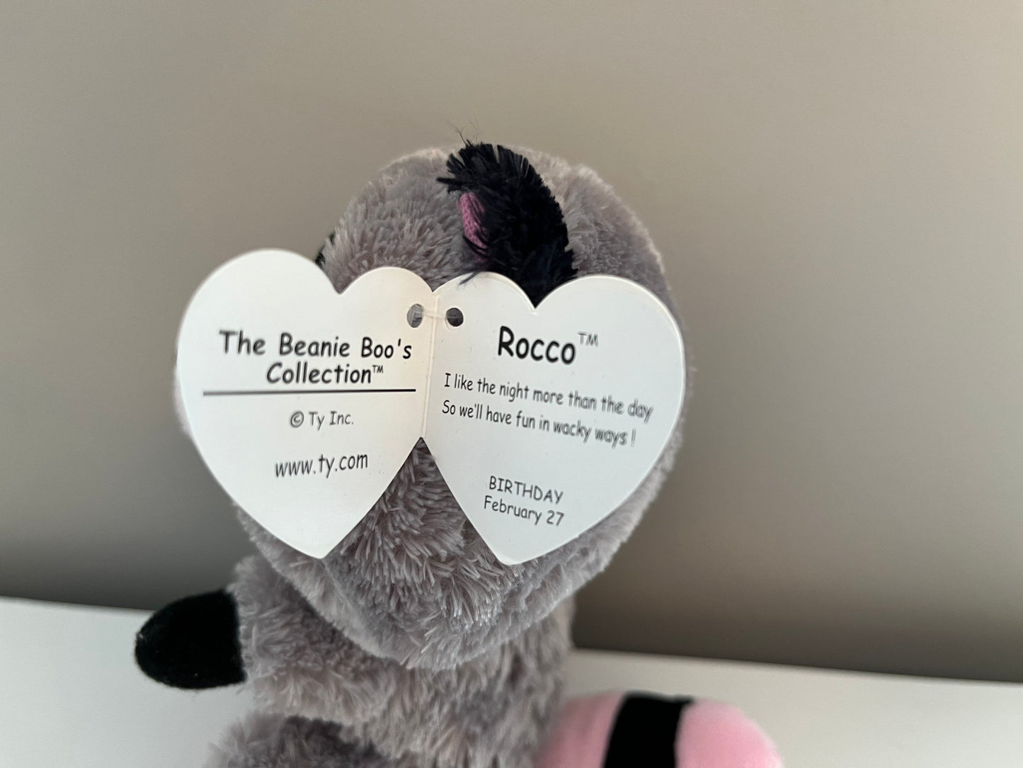 TY Beanie Boo “Rocco” the Pink and Grey Racoon (6 inch)