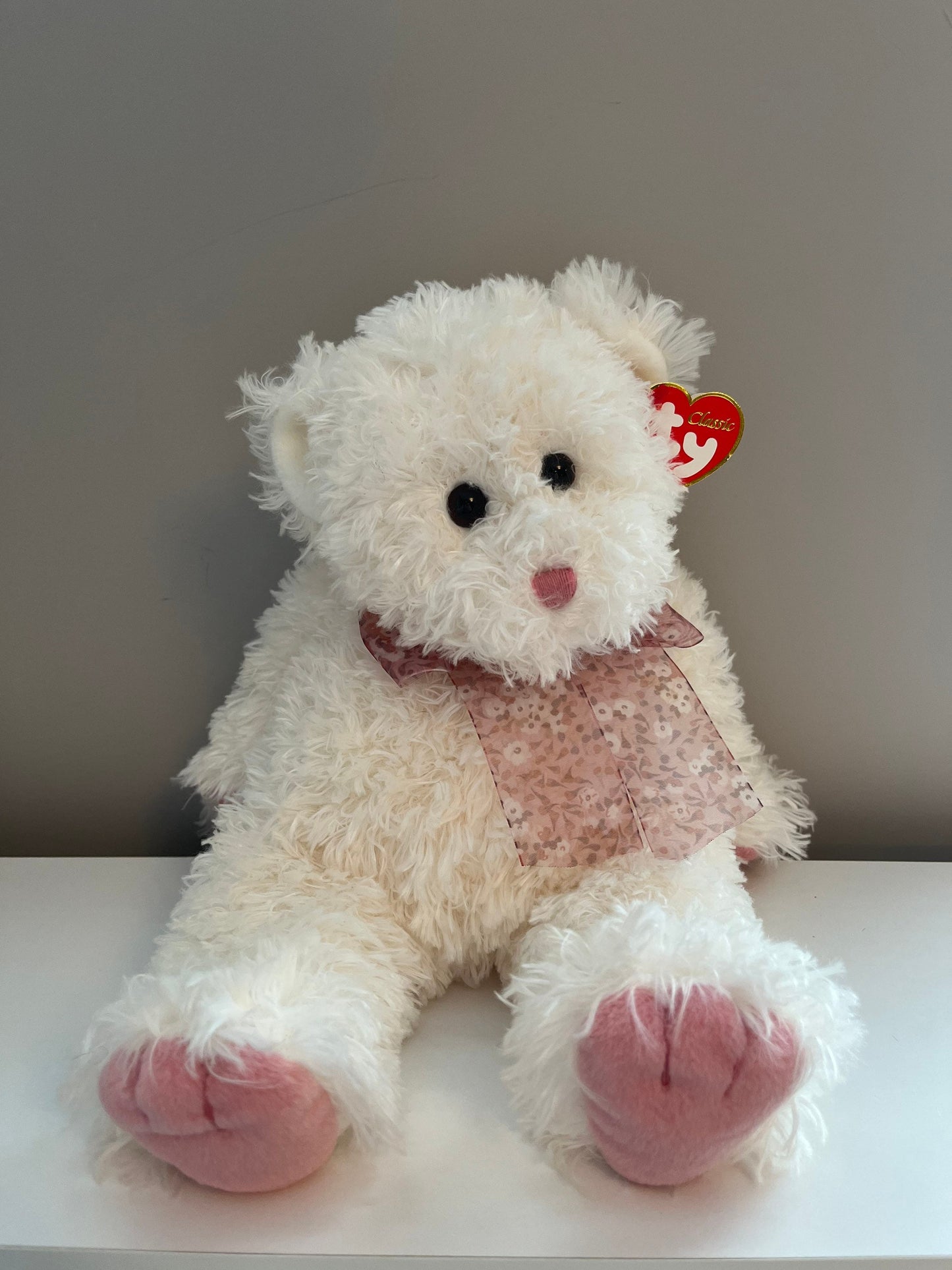 Ty Classics Collection “Sugarcane” the White and Pink Teddy Bear (12 inch)