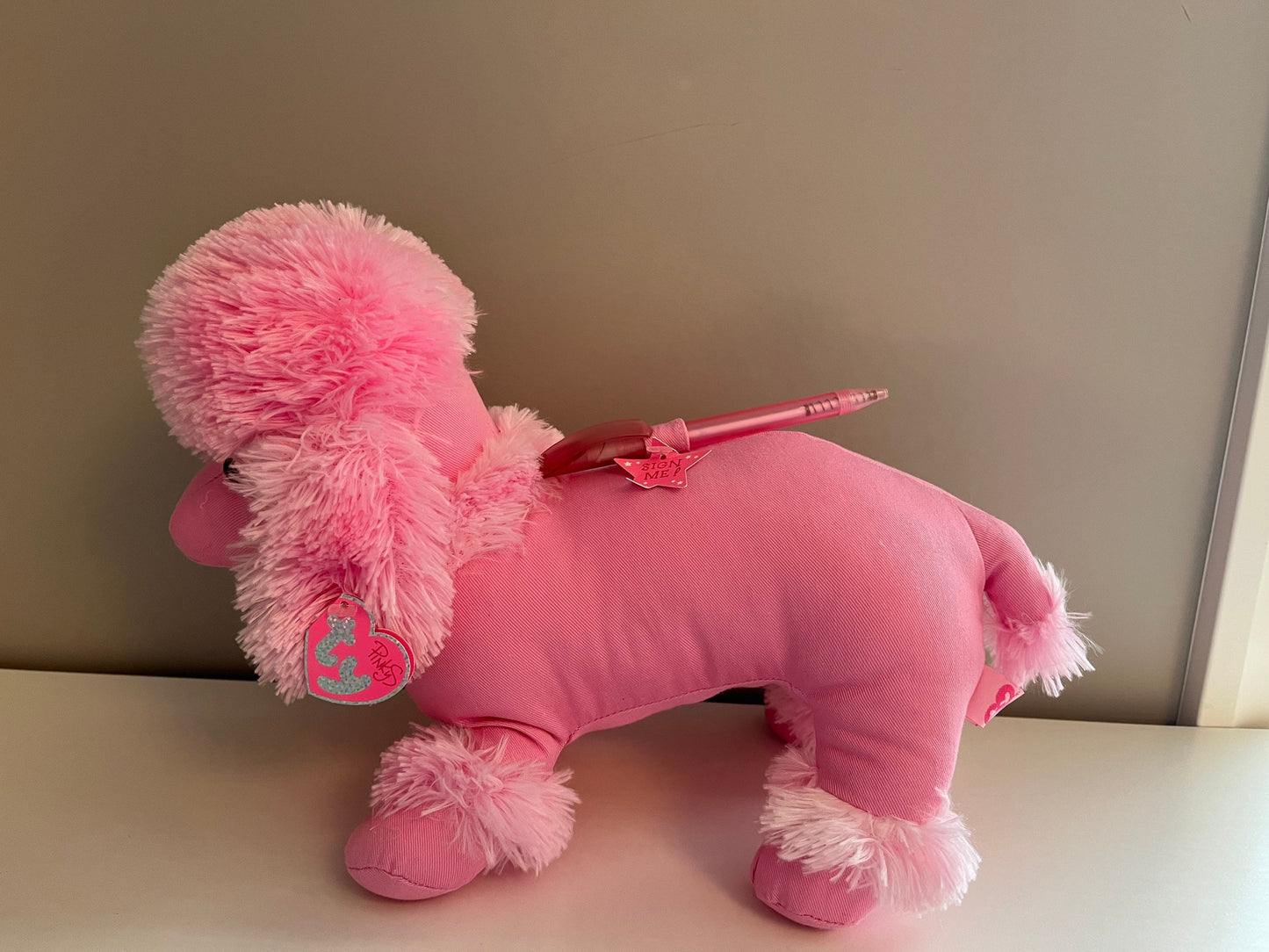 Ty Pinkys Collection “Scribbly” the Pink Poodle with a Pen to Draw on (14 inch)