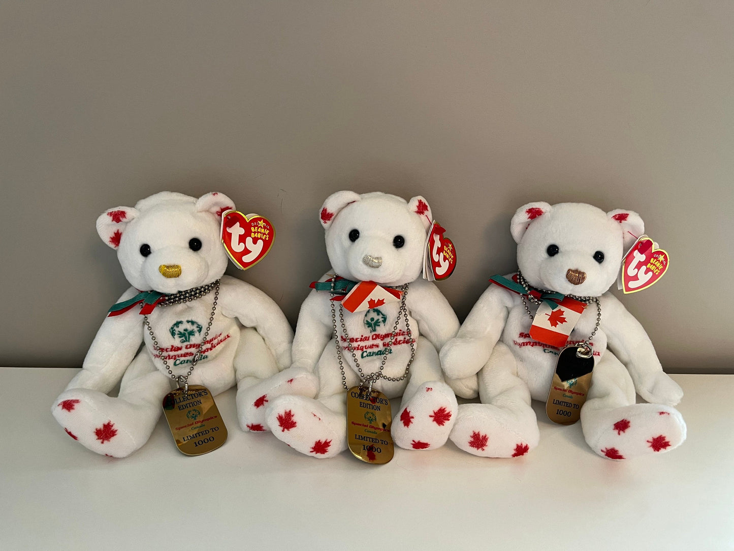 Ty Beanie Baby “Courageous, Courageously, and Courageousness” the Gold, Silver, Bronze Canada Special Olympics Bears *Rare* (7.5 inch)