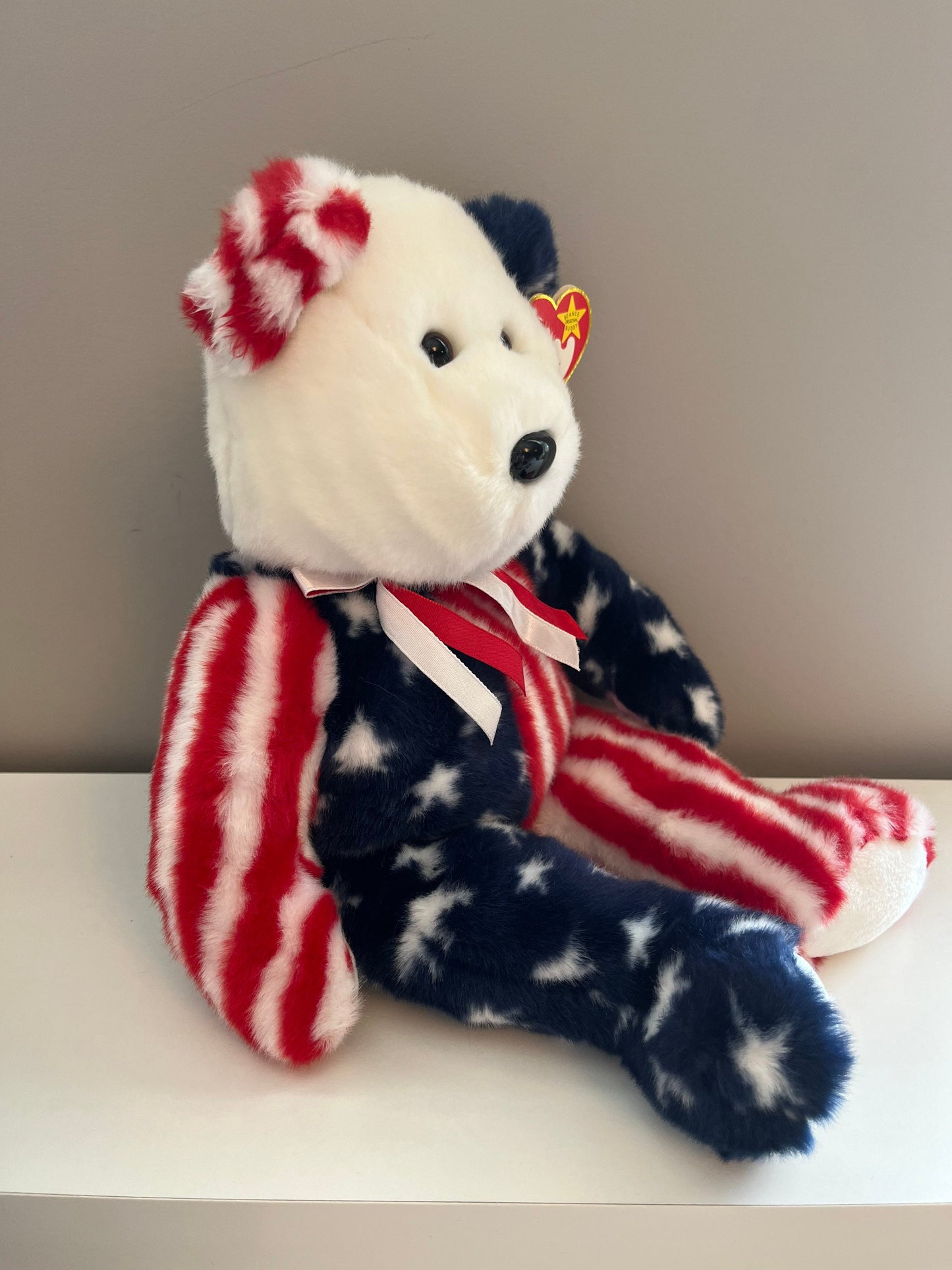 Ty Beanie Buddy “Spangle” White Face Patriotic Bear (14 inch)