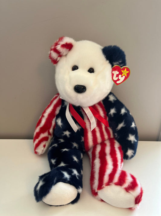 Ty Beanie Buddy “Spangle” White Face Patriotic Bear (14 inch)