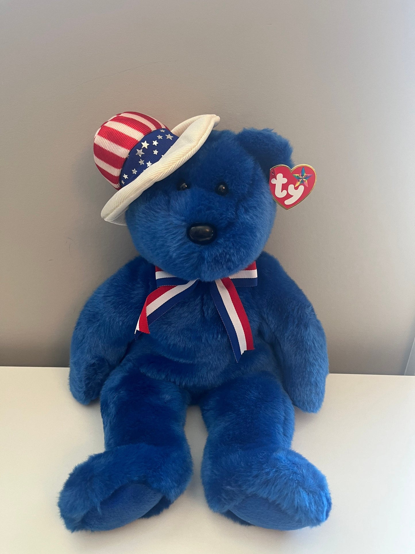 Ty Beanie Buddy “Sam” the Bear with Patriotic Hat - in Blue! (13 inch)