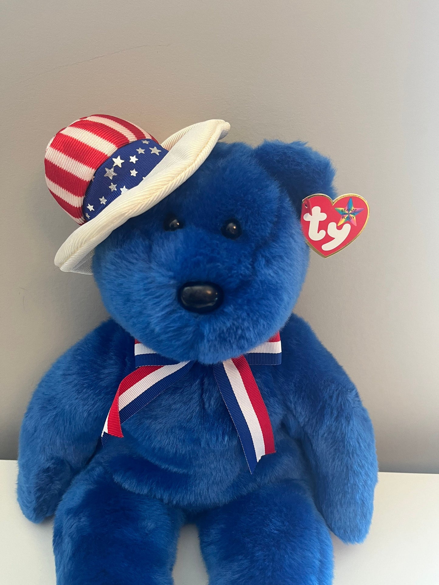 Ty Beanie Buddy “Sam” the Bear with Patriotic Hat - in Blue! (13 inch)