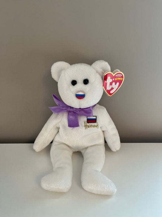 Ty Beanie Baby “Elbrus” the Bear - Harrods UK Exclusive with Harrod’s LOGO - Purple or Gold Bow *Rare!* (8.5 inch)