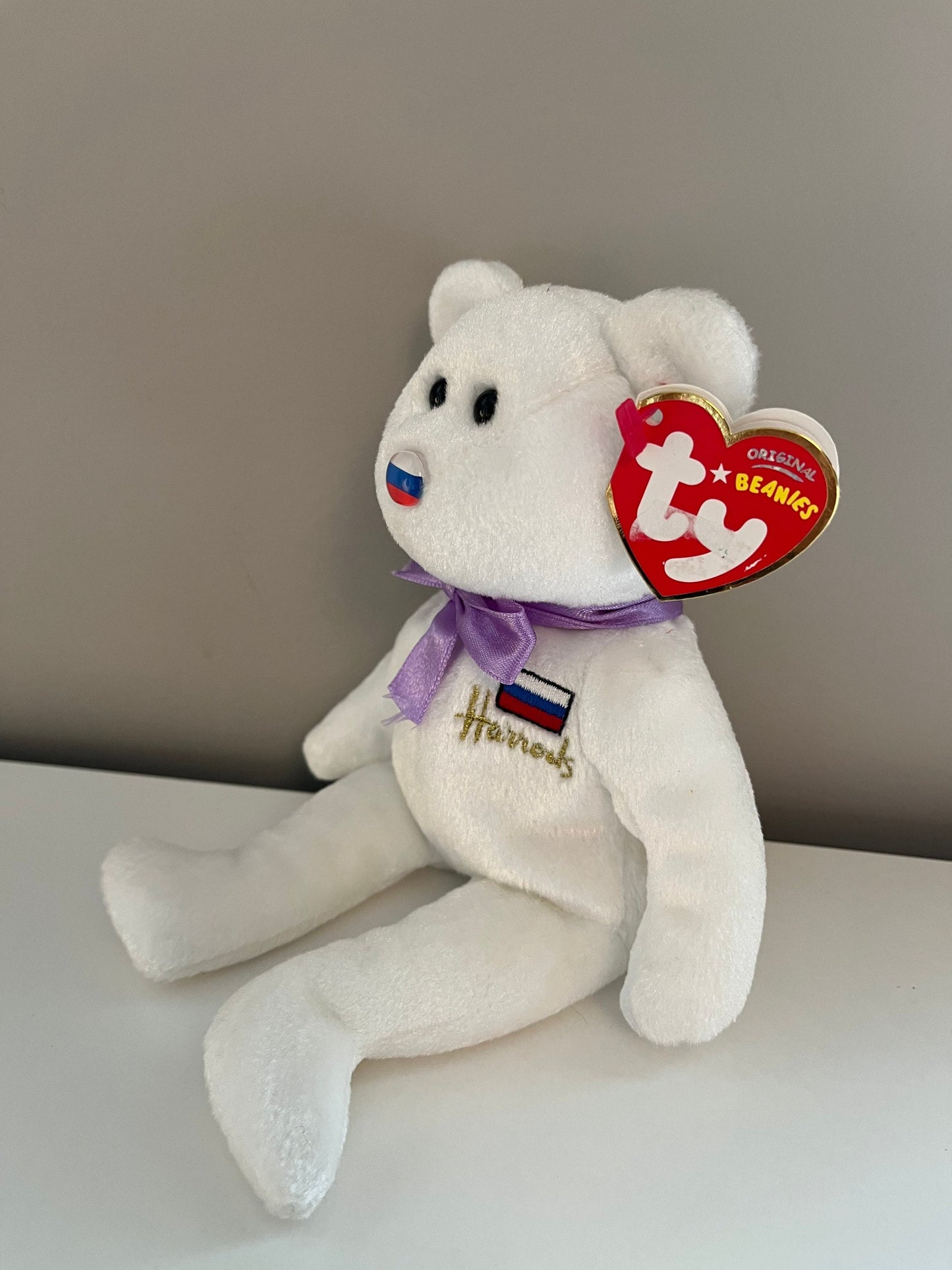 Ty Beanie Baby “Elbrus” the Bear - Harrods UK Exclusive with Harrod’s LOGO - Purple or Gold Bow *Rare!* (8.5 inch)