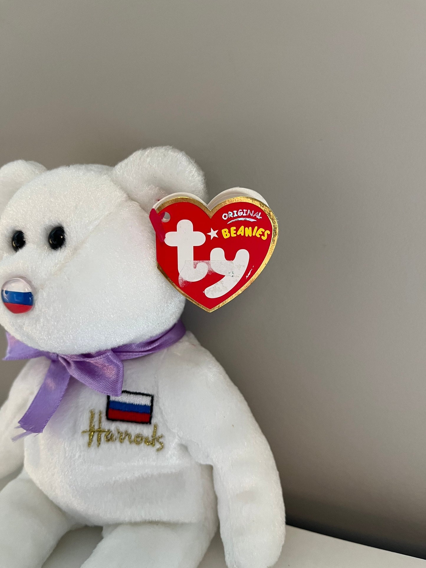 Ty Beanie Baby “Elbrus” the Bear - Harrods UK Exclusive with Harrod’s LOGO - Purple or Gold Bow *Rare!* (8.5 inch)